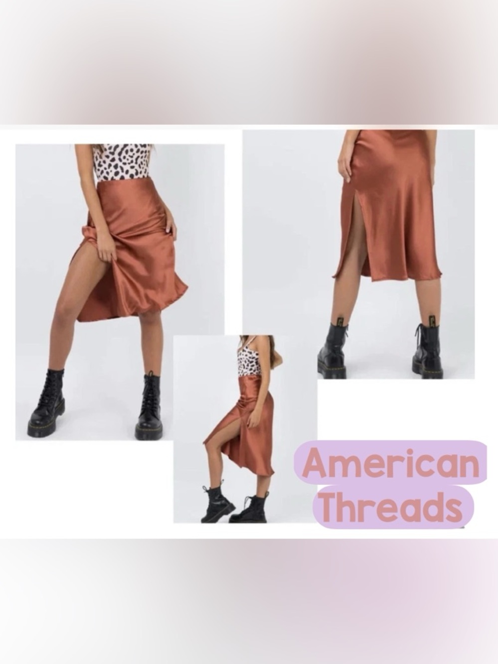 American Threads Chic Skirt-Eliza Satin Midi Size Small, Rust, Side Slit, High R